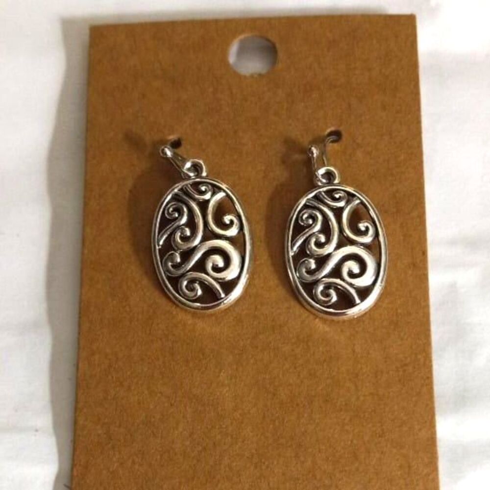 Silver Tone Dangle Earrings Oval Filigree Swirls Boho Cottage